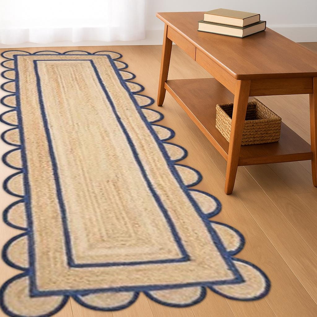 Scalloped Runner Rug, Bohemian Scallop Rug, Natural Jute Rug, Hallway Runner Rug, Runner Custom Rug, Custom Size Rug