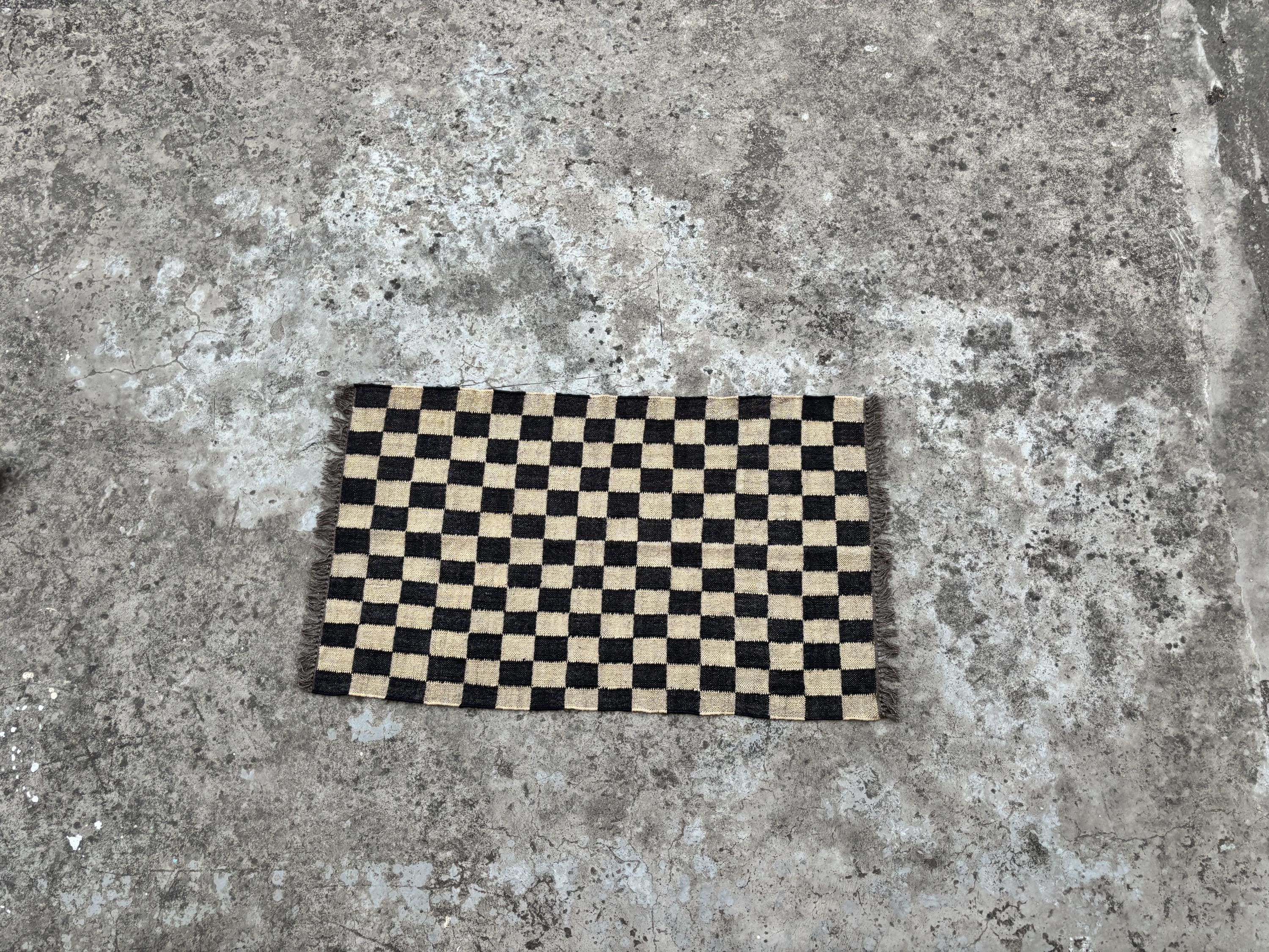 Black with Off White Design Indian Handwoven Wool Jute Vintage Kilim Rugs For Home Decor, Checkered Runner, Large Size, Kitchen Rug