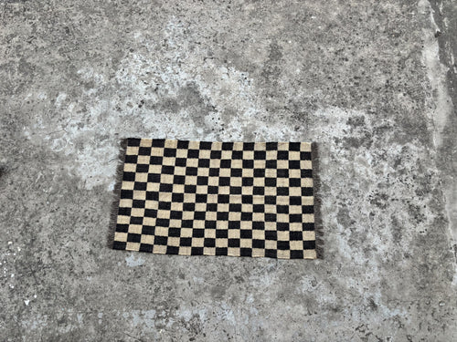 Black with Off White Design Indian Handwoven Wool Jute Vintage Kilim Rugs For Home Decor, Checkered Runner, Large Size, Kitchen Rug