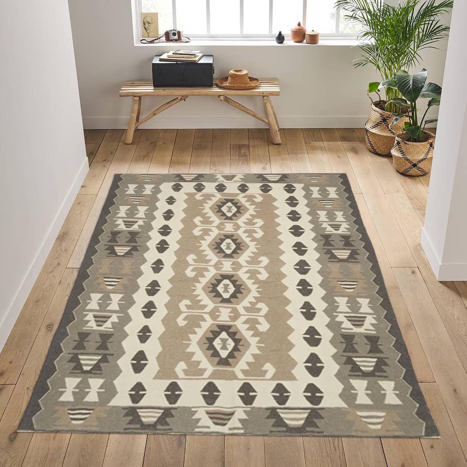 Jute Kilim Rug 5x8 Handmade Vintage Boho Area Rug, Custom Size Home Decor, Durable Natural Fiber Carpet