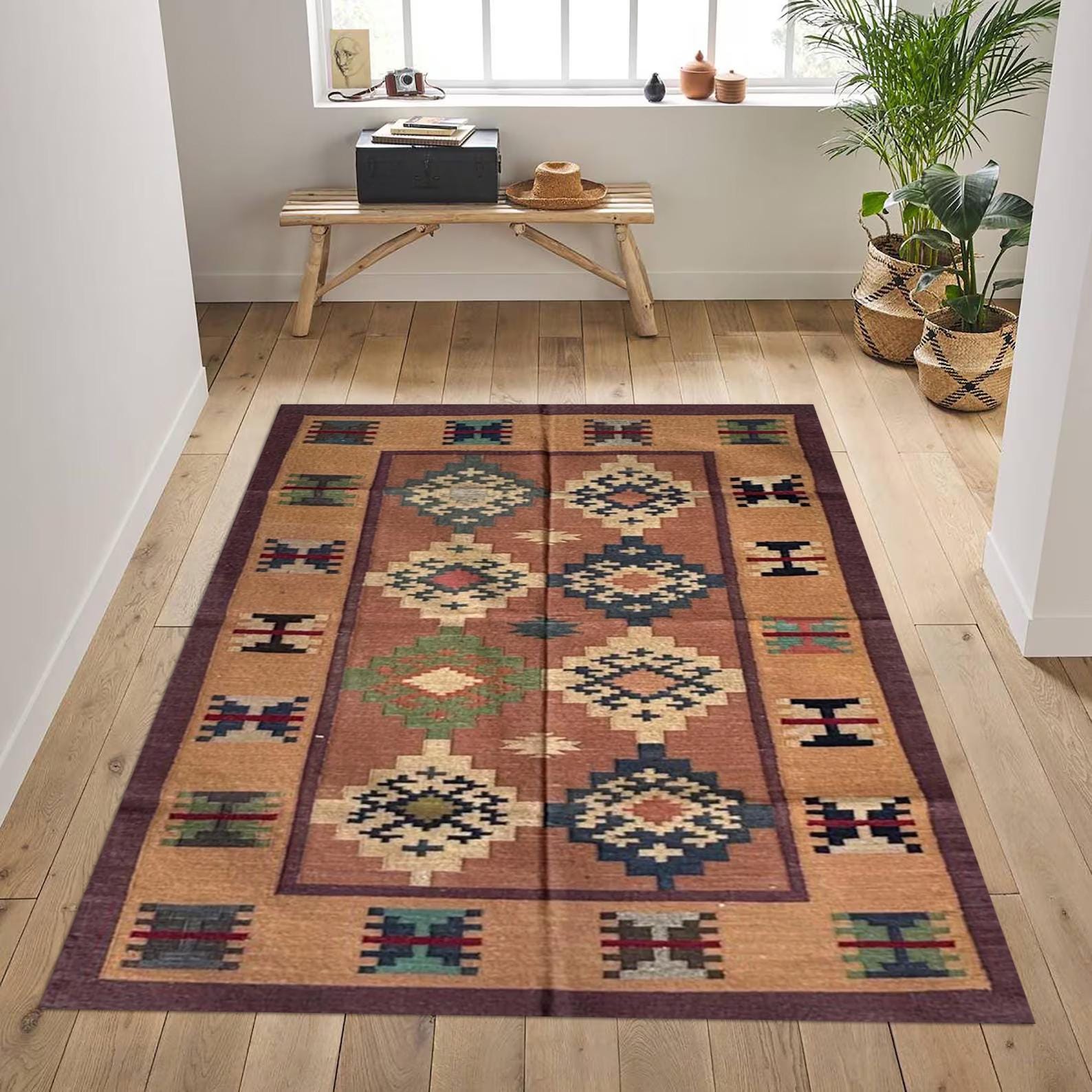 Jute Kilim Rug ,Wool Jute Flatweave Area Rug Natural Durable Eco-Friendly Accent Carpet