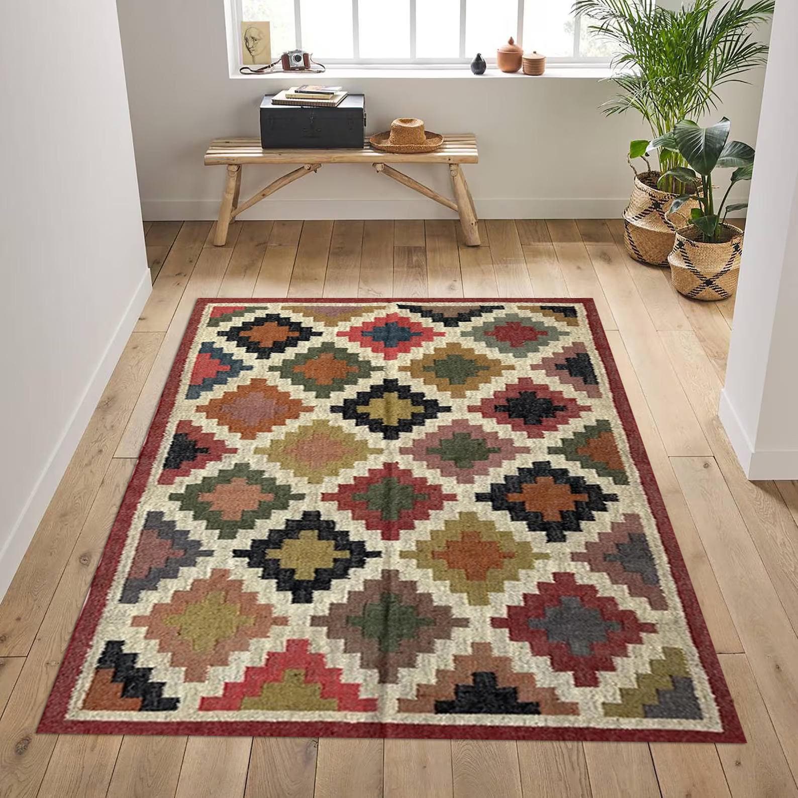 Handmade Jute Kilim Rug Large Wool & Jute Dhurrie Rug with Oriental Motifs Handwoven Wool Rug