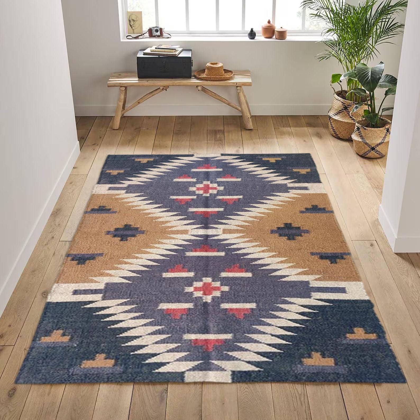 Wool Jute Kilim Runner Rug – Handmade Hemp & Natural Jute Flatweave for Rustic Boho Home Decor