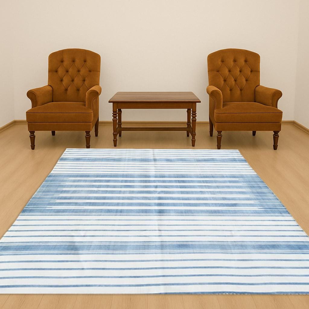 Handmade Kilim Rug Light Blue & White Cotton Flat Weave Modern Striped Rug Durable Handwoven Area Carpet