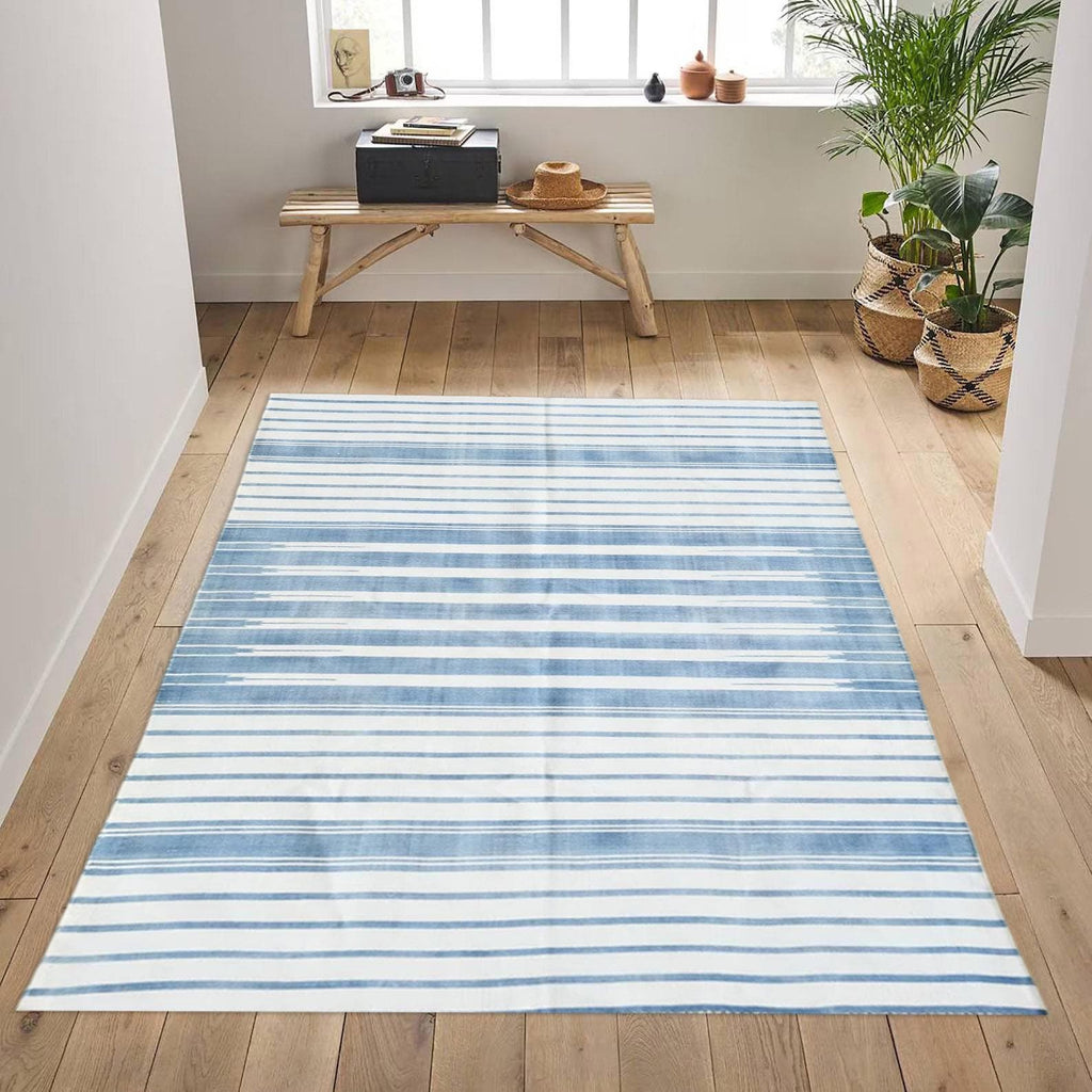 Handmade Kilim Rug Light Blue & White Cotton Flat Weave Modern Striped Rug Durable Handwoven Area Carpet