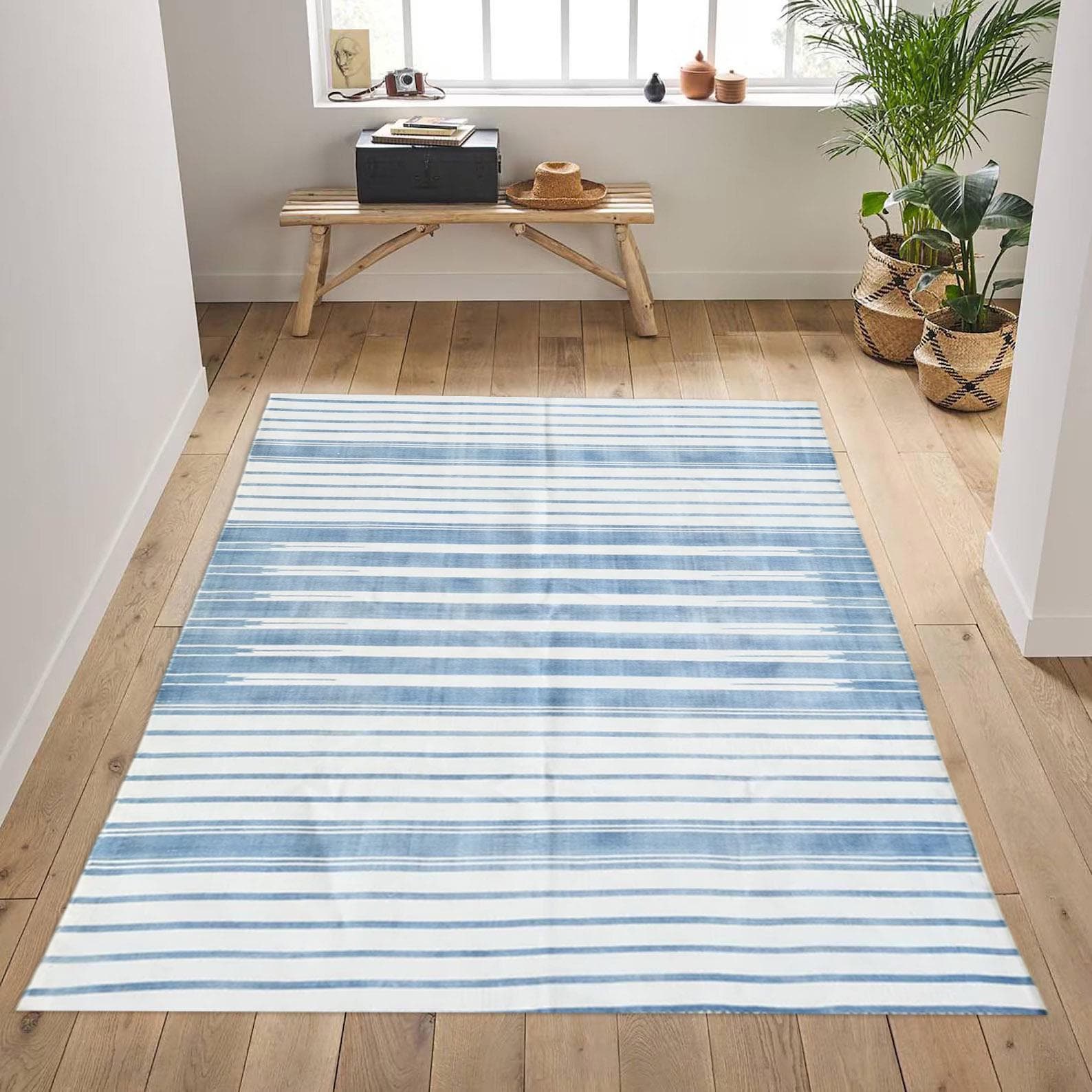 Handmade Kilim Rug Light Blue & White Cotton Flat Weave Modern Striped Rug Durable Handwoven Area Carpet