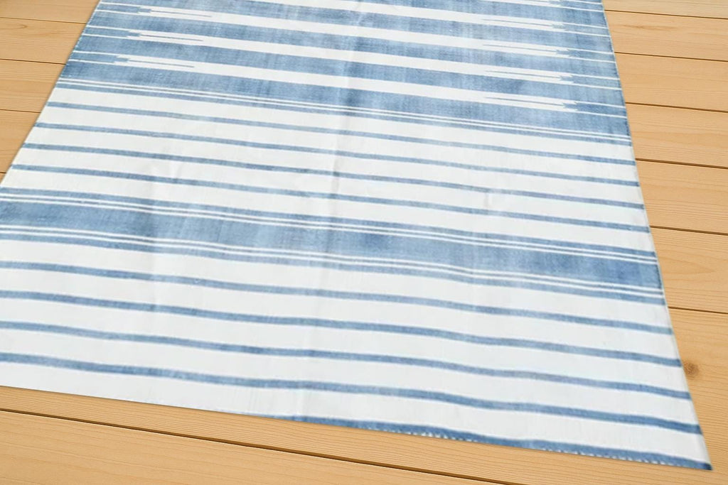 Handmade Kilim Rug Light Blue & White Cotton Flat Weave Modern Striped Rug Durable Handwoven Area Carpet