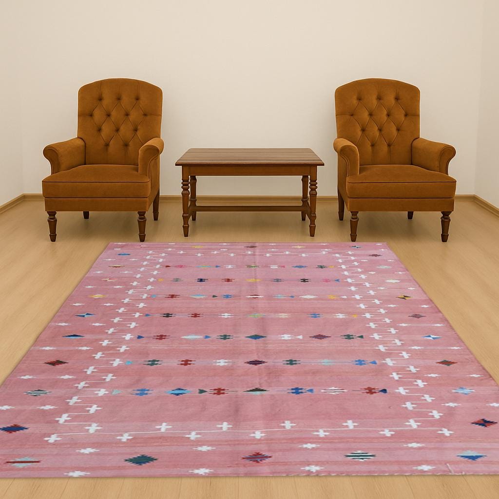 Blush Pink Indian Dhurrie Rug - Handmade Cotton Flatweave Area Rug, Modern Scandinavian Kilim Tapestry Wool & Cotton Carpet