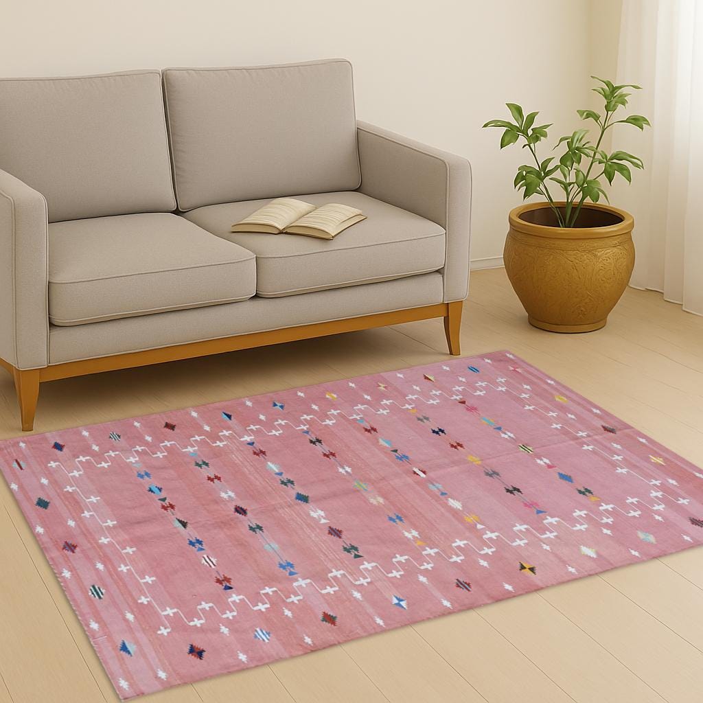 Blush Pink Indian Dhurrie Rug - Handmade Cotton Flatweave Area Rug, Modern Scandinavian Kilim Tapestry Wool & Cotton Carpet