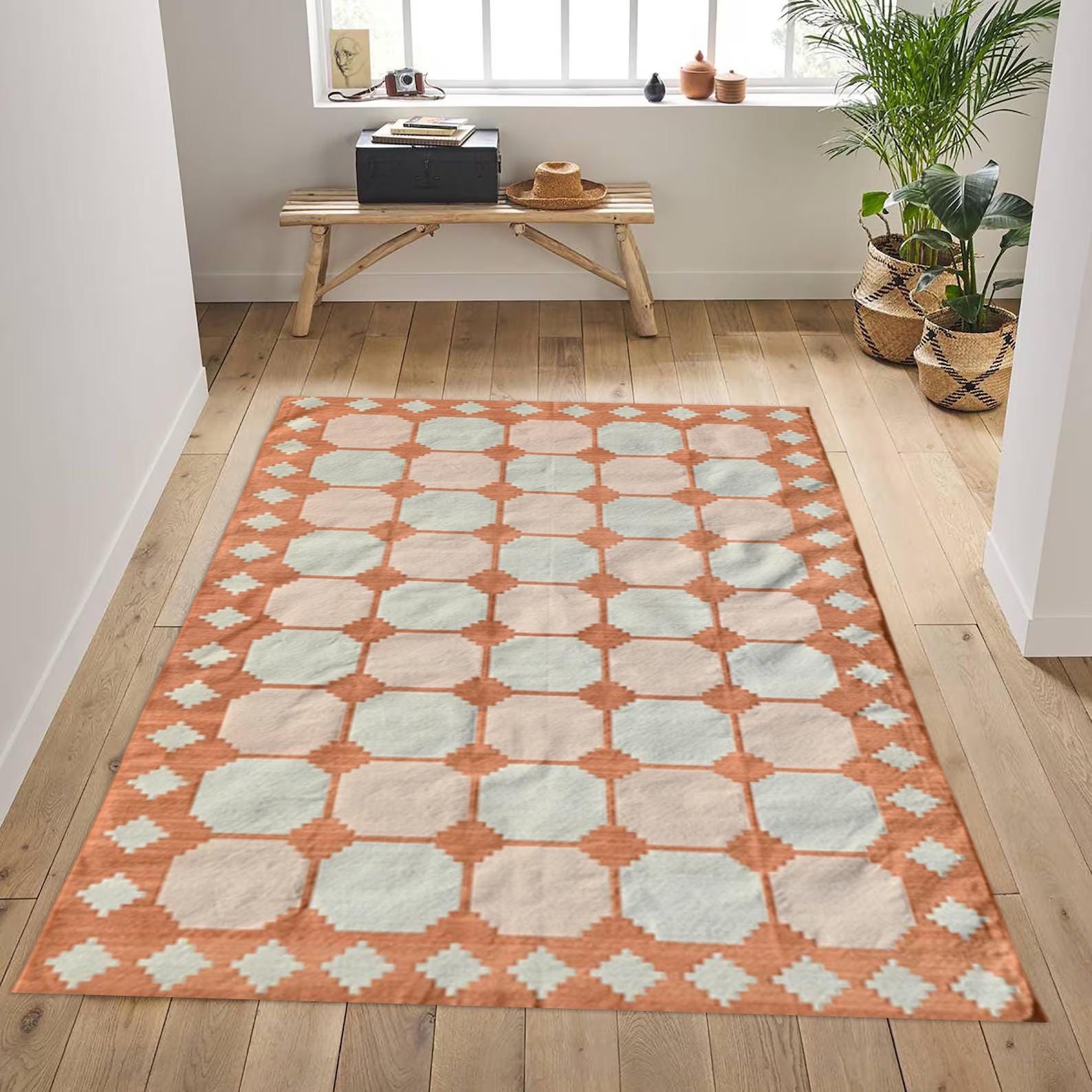 Modern Handmade Indian Dhurrie Rug - Reversible Cotton Wool Kilim, Natural Dyed Eco-Friendly Area Rug & Wall Tapestry