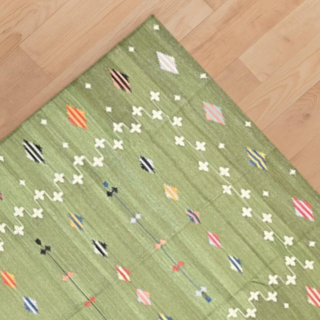 Boho 9x12 Ft Area Rug, Hand & Flat Weave Cotton Dhurrie, Reversible Natural Color Panja Rug for Living Room Decor