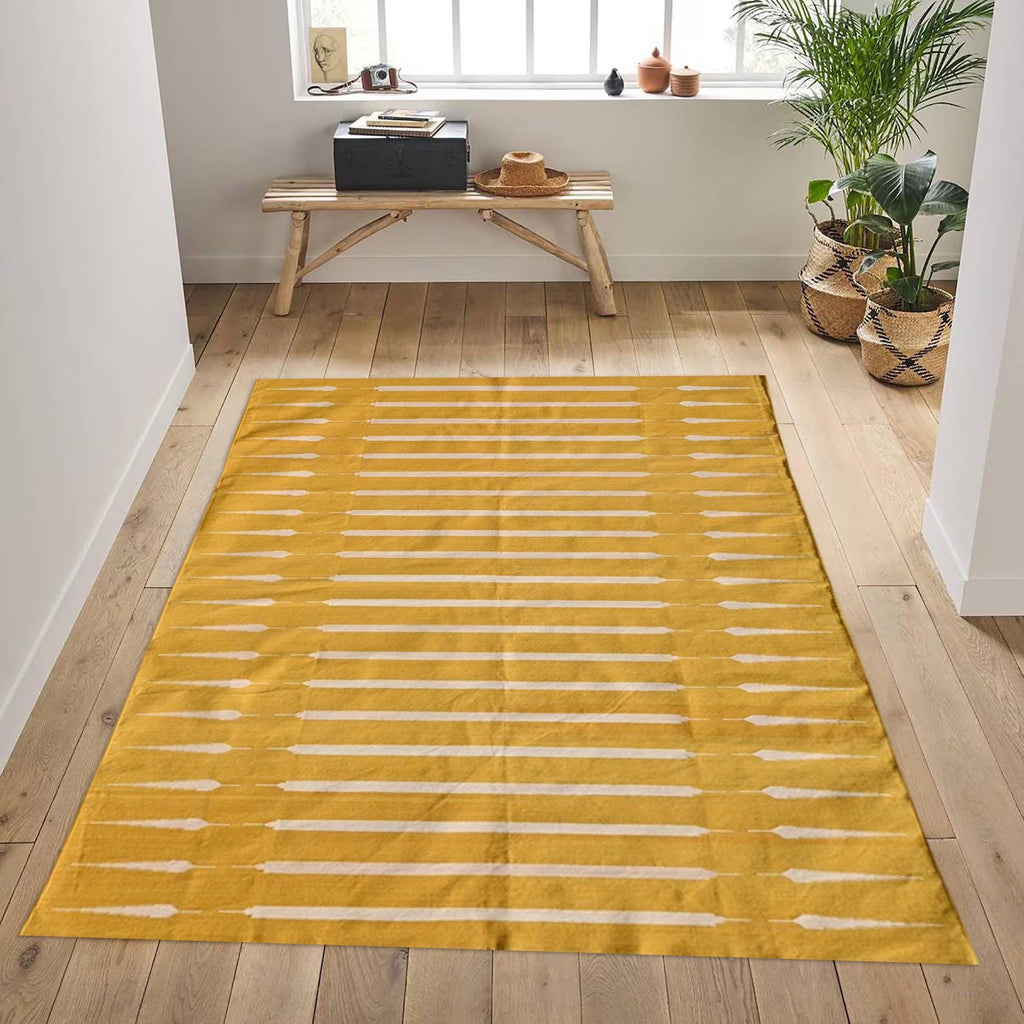 Handmade Yellow and White Striped Cotton Rug Dhurrie – Multiple Sizes Soft Area Carpet for Living Room Decor