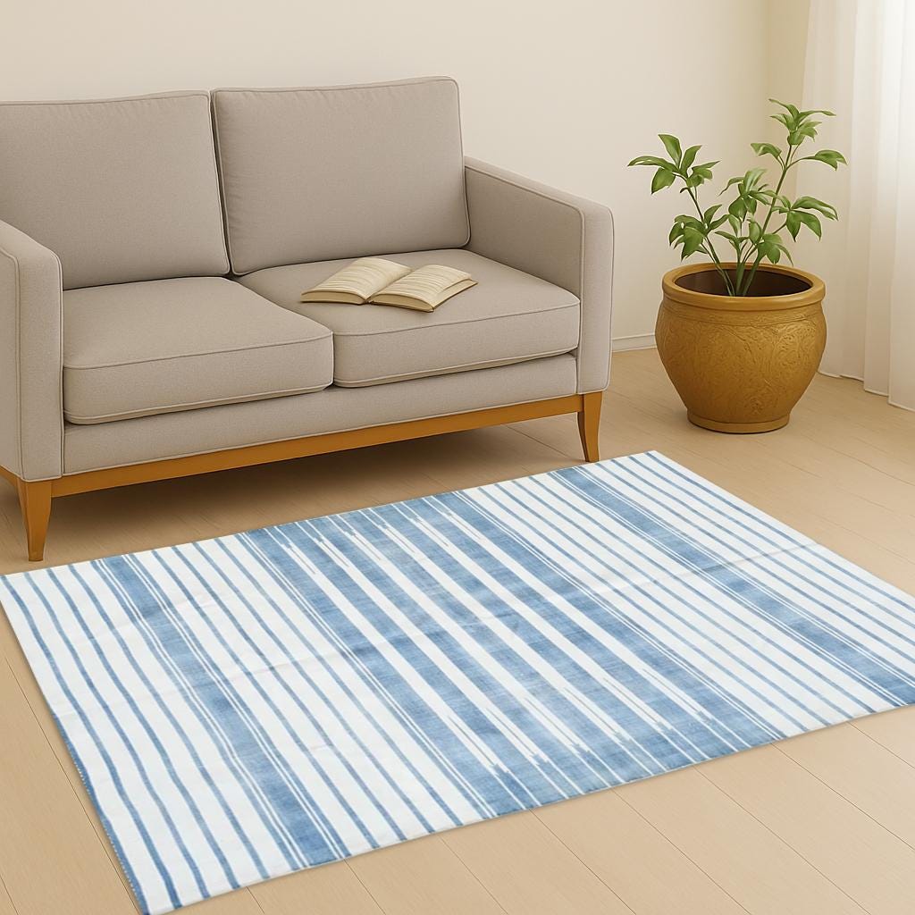 Handmade Kilim Rug Light Blue & White Cotton Flat Weave Modern Striped Rug Durable Handwoven Area Carpet