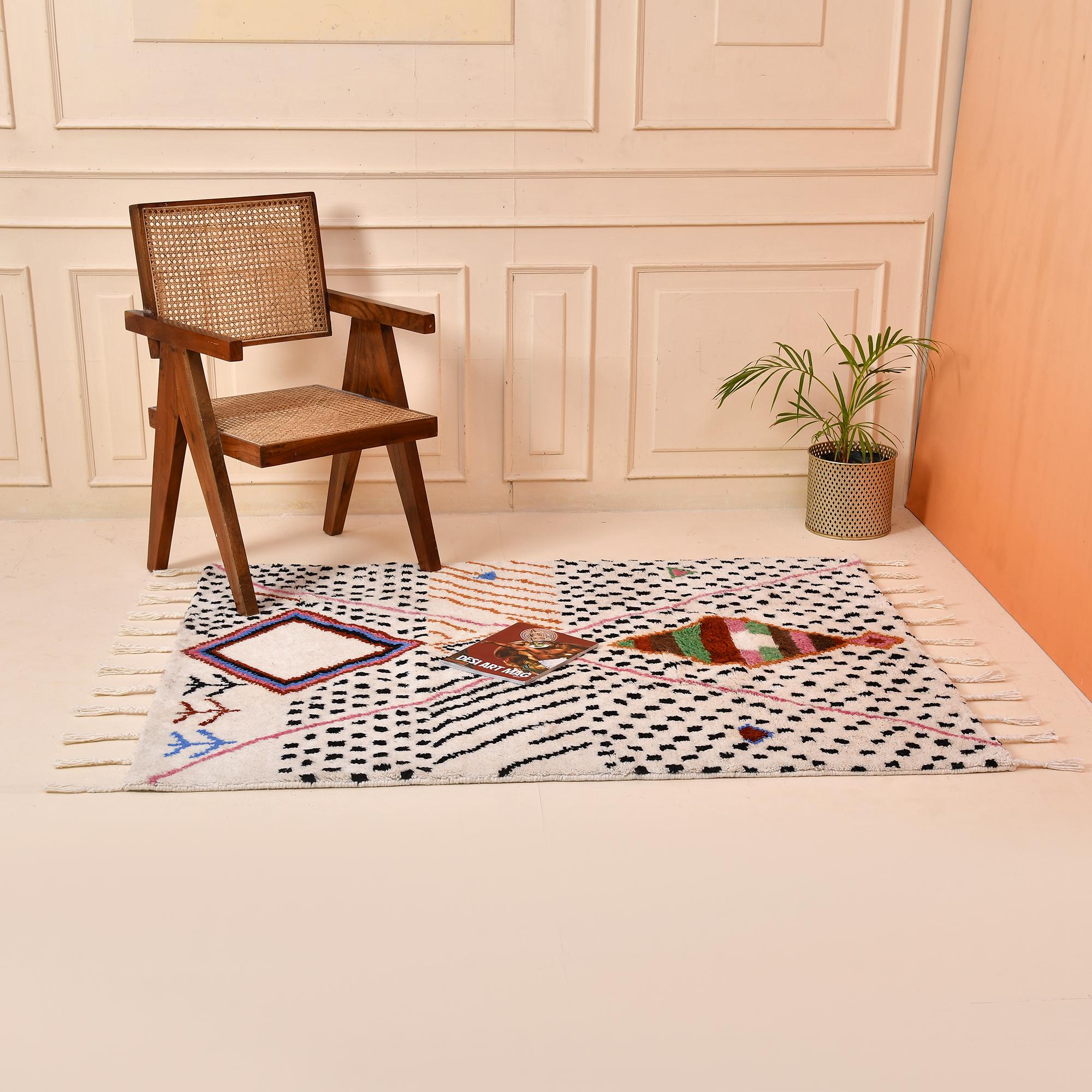 Moroccan Handmade Beni Ourain Wool Rug - White Berber Azilal Style, Modern Hand Woven Rug from Morocco Soft Plush Rug Home Decor