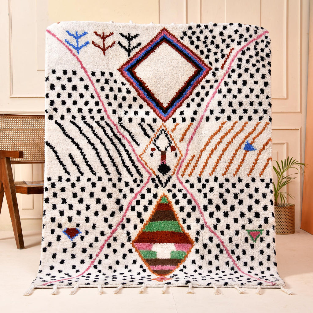 Moroccan Handmade Beni Ourain Wool Rug - White Berber Azilal Style, Modern Hand Woven Rug from Morocco Soft Plush Rug Home Decor