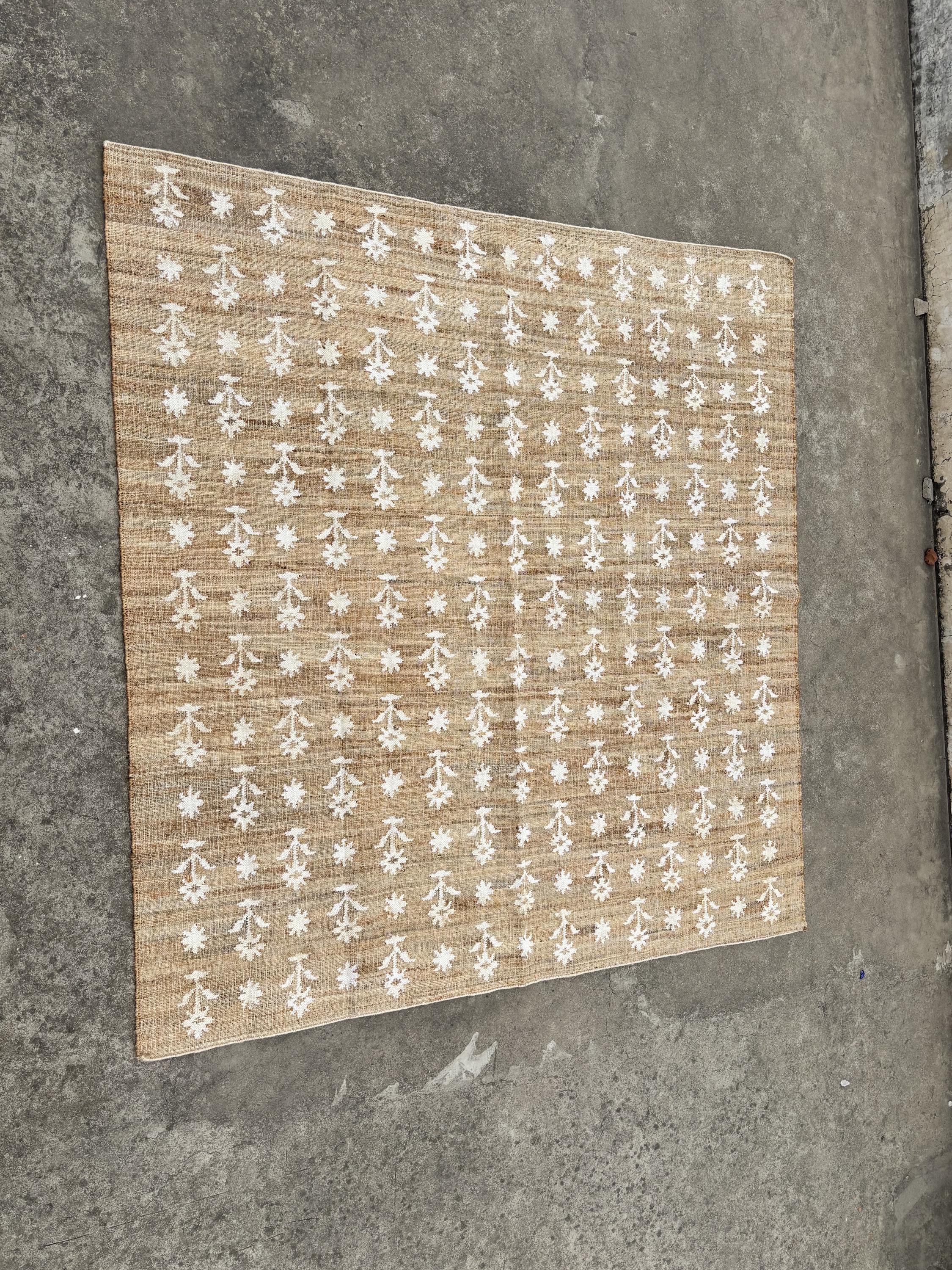 8X10 9x12Ft Natural Floral Cotton Jute Rug, Modern Handmade Jute Rug, Jute and Cotton Rug, Handmade Cotton Jute Rug.