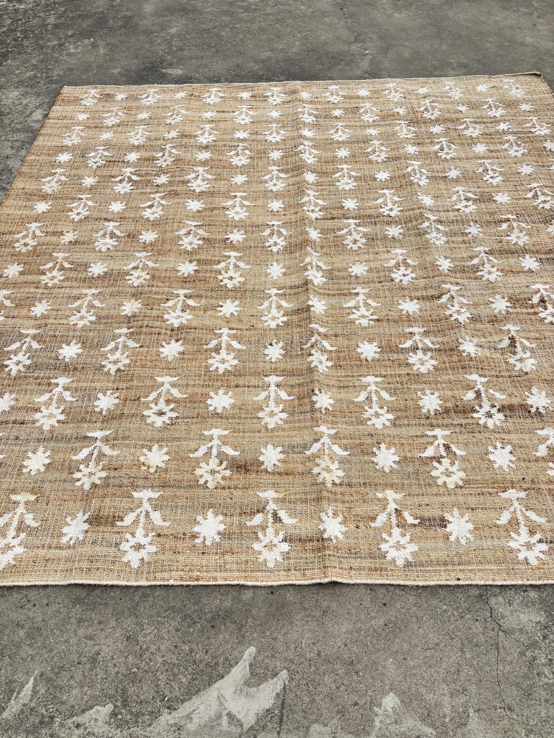 8X10 9x12Ft Natural Floral Cotton Jute Rug, Modern Handmade Jute Rug, Jute and Cotton Rug, Handmade Cotton Jute Rug.
