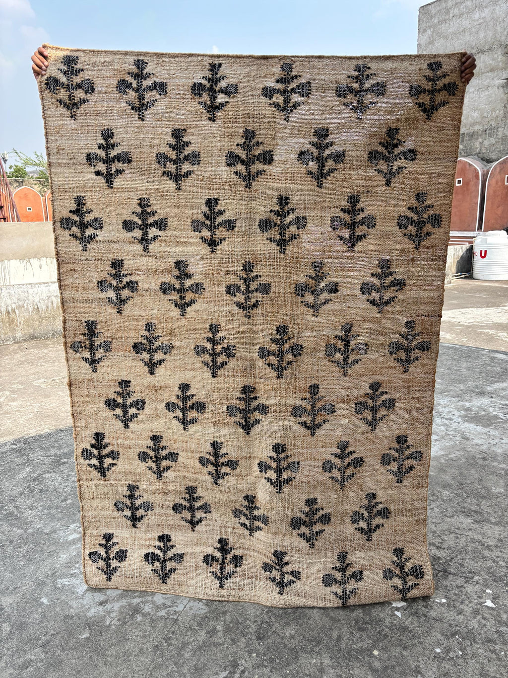 Handwoven Cotton & Jute Rug – Black, Beige Multicolor Boho Dhurrie, Handmade Cotton Jute Rug, Eco-Friendly Handmade Rug