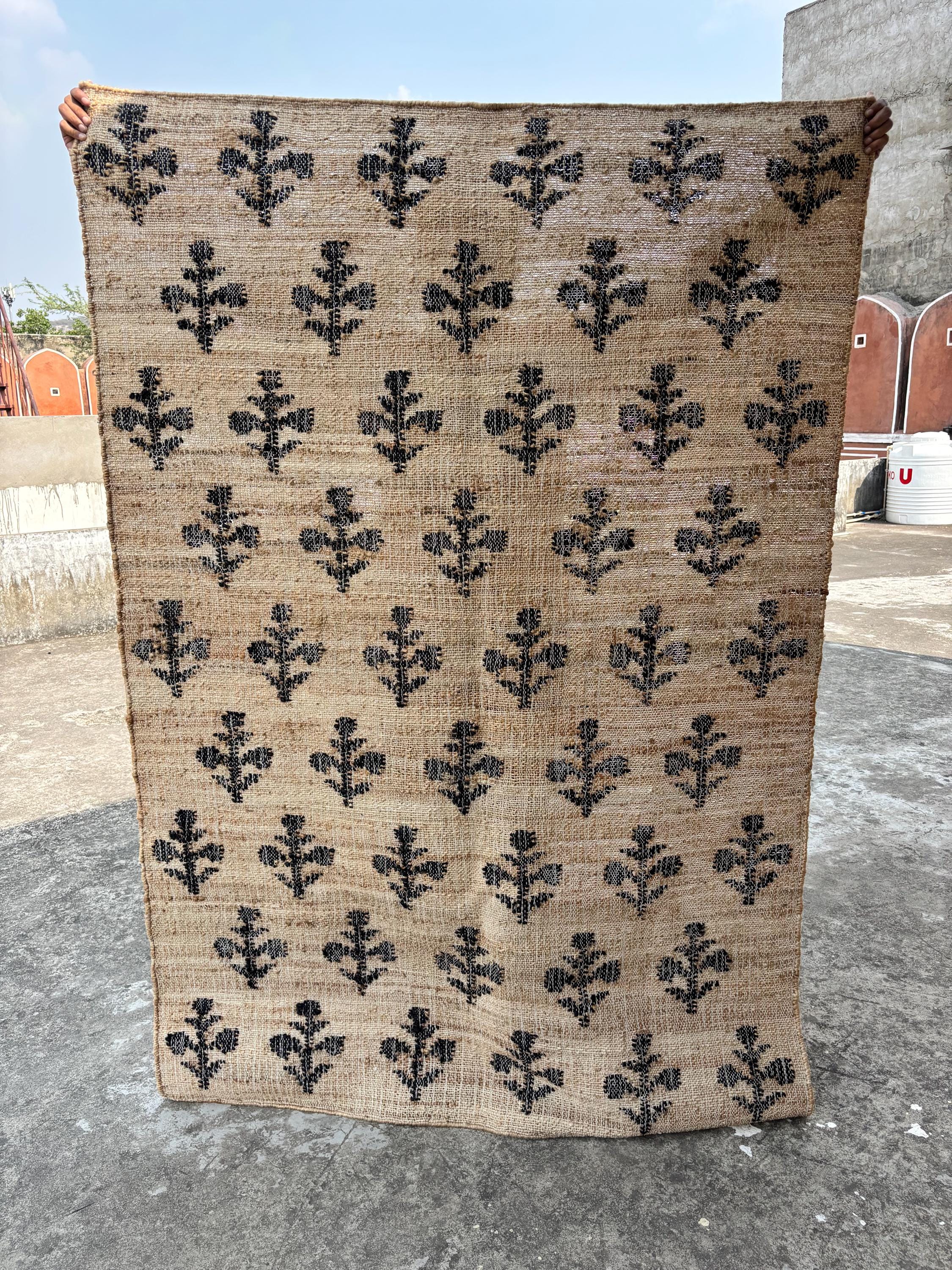 Handwoven Cotton & Jute Rug – Black, Beige Multicolor Boho Dhurrie, Handmade Cotton Jute Rug, Eco-Friendly Handmade Rug