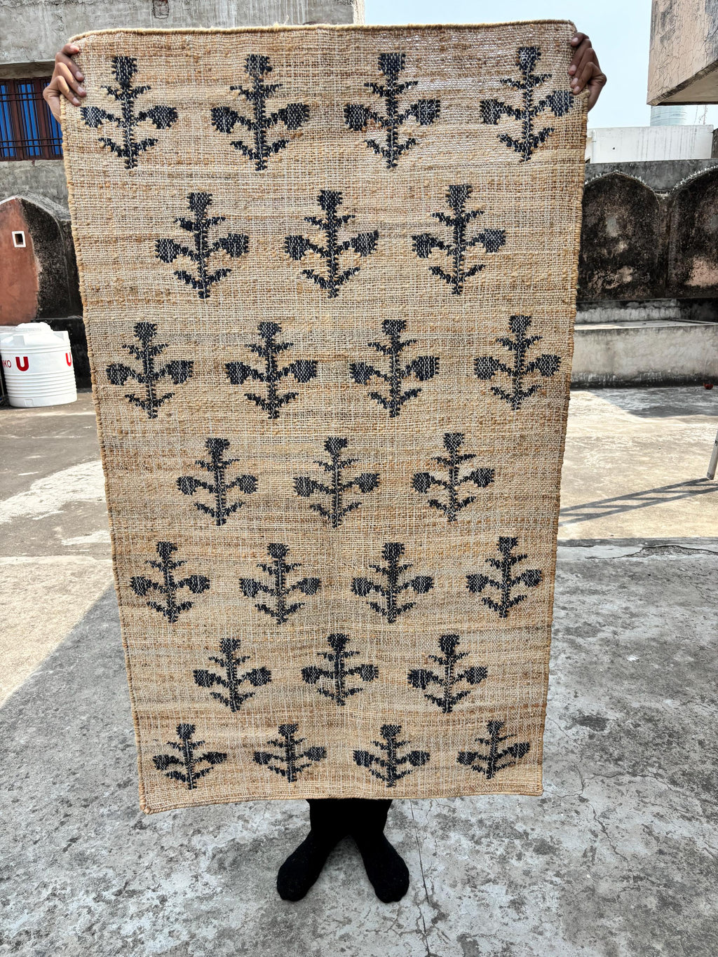 Black Flower Patten Begie Jute rug, Cottan Jute Rug, Handmade Cottan Jute Rug, Indian Traditional Geometric Custom Jute Rug