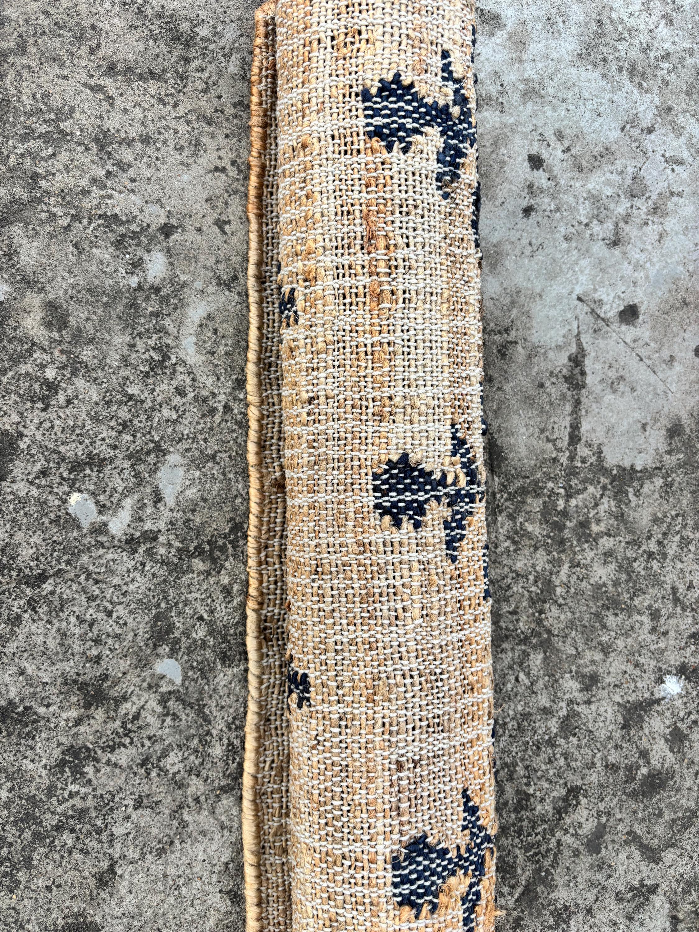 Handmade hemp jute cotton Jute Rug with Black flower pattern, Living Room Jute Rug Entry Way Jute Rug Custom Size Rug