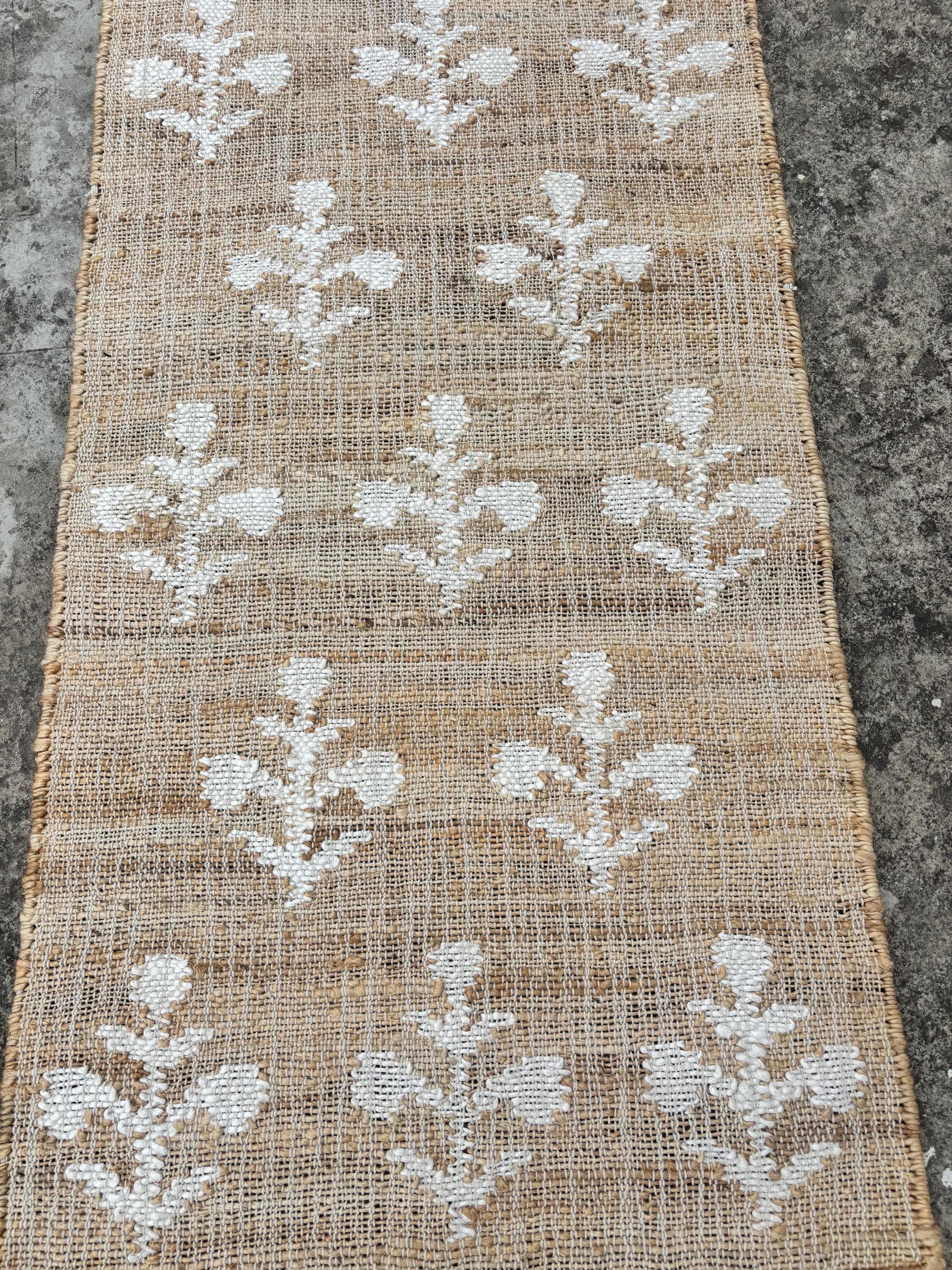 Jute and Cotton Runner Rug, Cotton Jute Blend Rug, Organic Natural Jute Rug, Handmade Cotton Jute Rug.