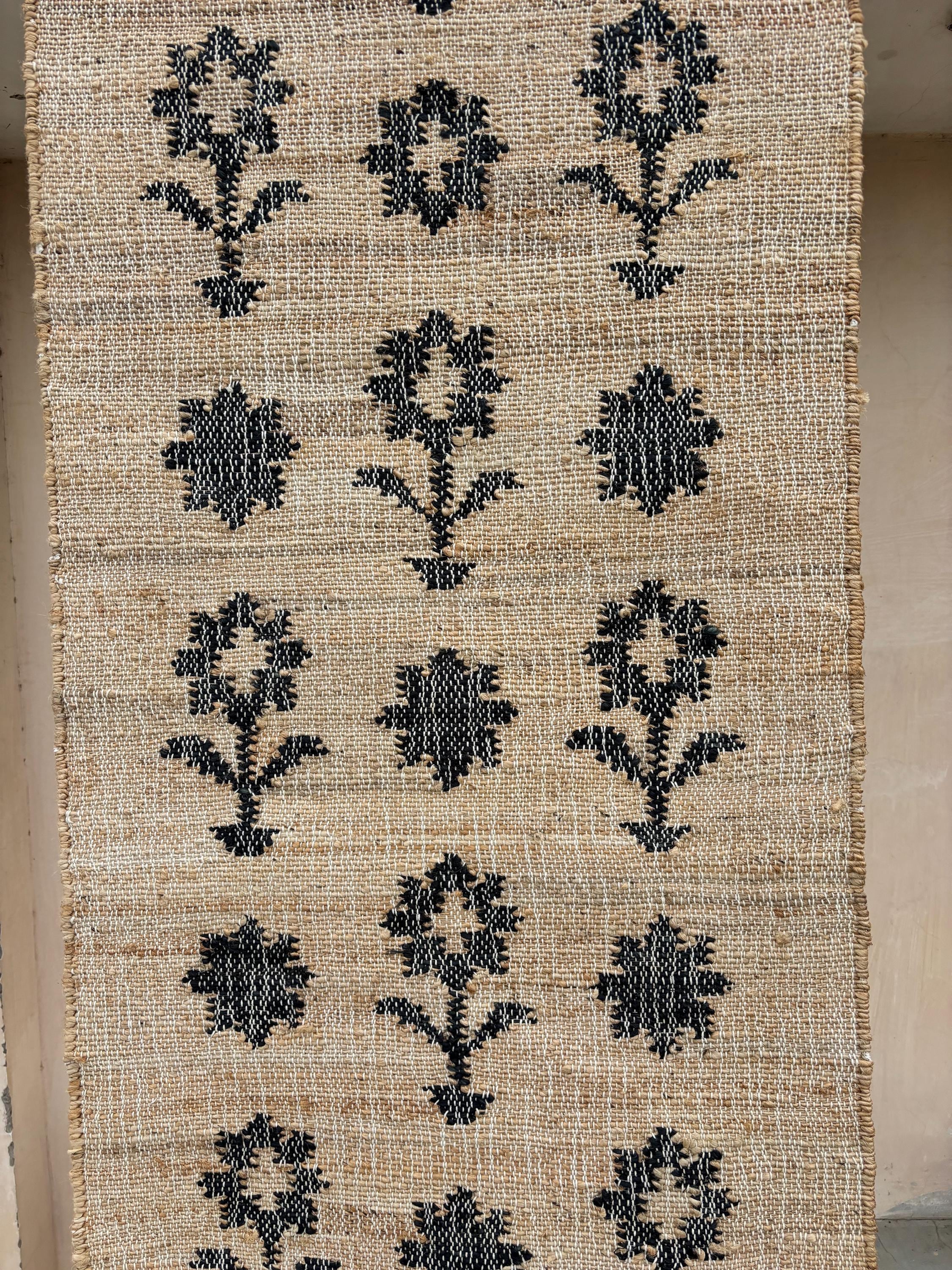 Handmade Natural Black flower Hemp Jute Rug, Stair-Runner Bohemian Hemp Jute Runner, Eco Friendly Runner, Stair Cotton Jute Runner