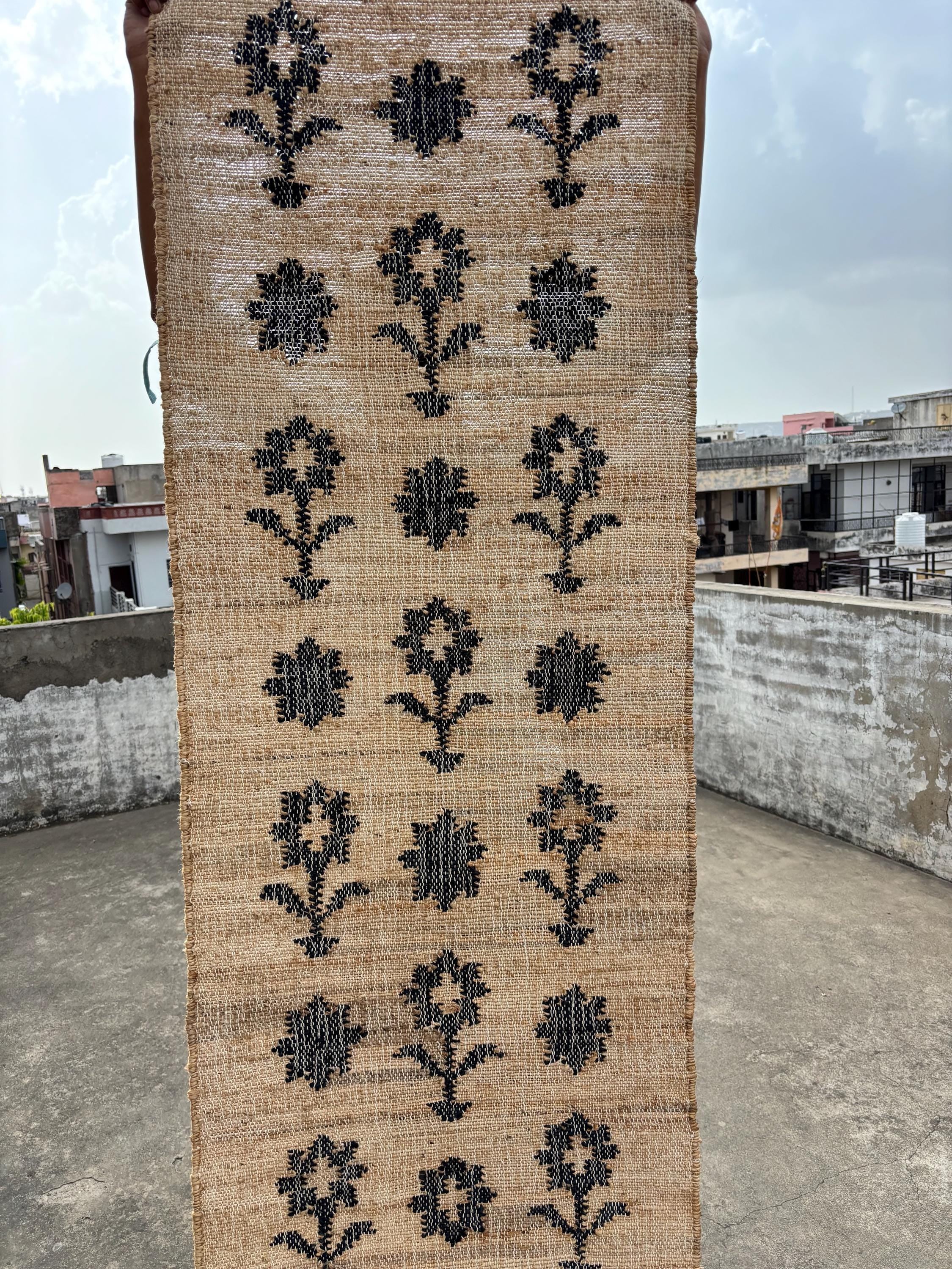 Natural Black flower cotton jute rug, Handmade Natural Jute Cotton Rug ,  Handmade Begie with black flower Jute Runner, Cotton Rug