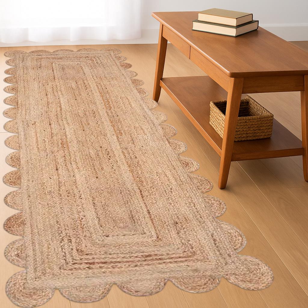 Jute Runner, Natural Jute customized Scalloped Color Border Runner,  Area Rug, Handwoven Jute Rug, Custom Rug, Decorative Rug