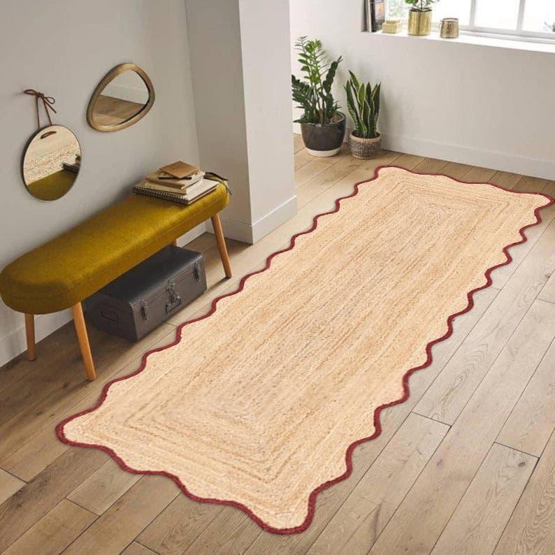 Braided Area Runner, Scallop Natural Jute Runner, Red Scalloped Edge Runner, Scalloped Rug, Custom Size Rug, Bedroom Rug