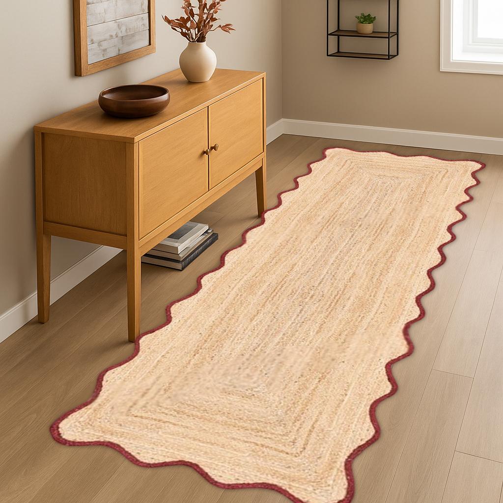 Braided Area Runner, Scallop Natural Jute Runner, Red Scalloped Edge Runner, Scalloped Rug, Custom Size Rug, Bedroom Rug