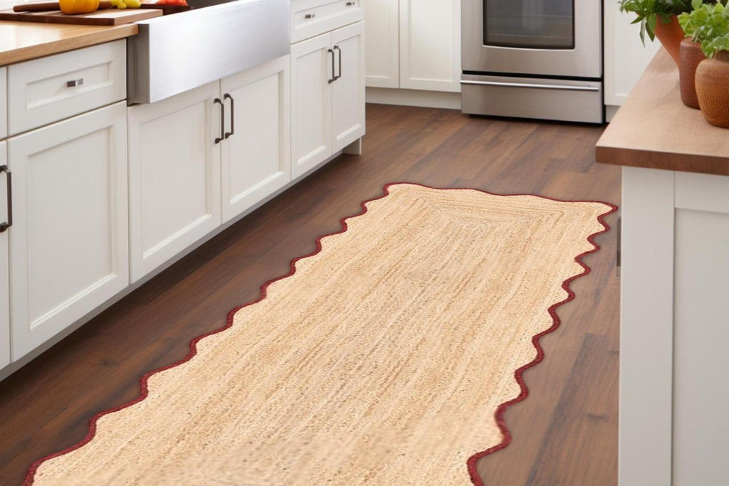 Braided Area Runner, Scallop Natural Jute Runner, Red Scalloped Edge Runner, Scalloped Rug, Custom Size Rug, Bedroom Rug