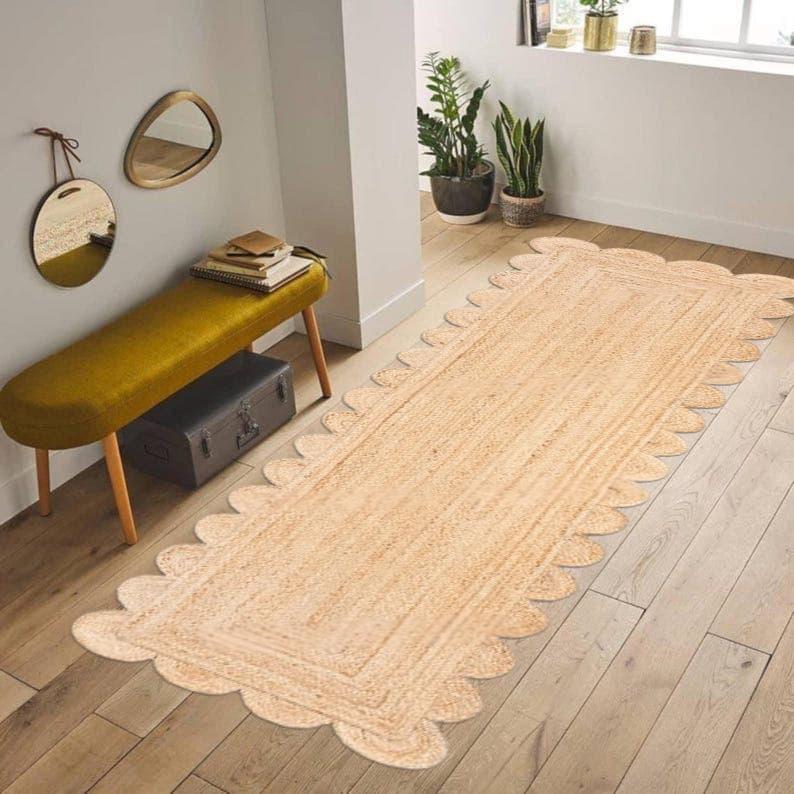 Natural Scalloped Jute Runner Rug – Handmade Hallway Rug, Boho Farmhouse Entryway Decor, Eco Friendly Flatweave Entryway or Kitchen Rug