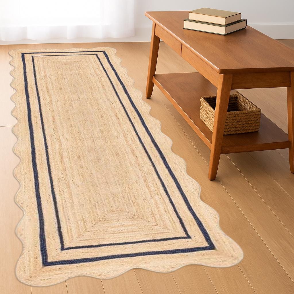 Jute Rug Rectangular Scalloped Edge Jute Runner Rug  Natural Handmade Hallway Rug | Boho Farmhouse Entryway Decor