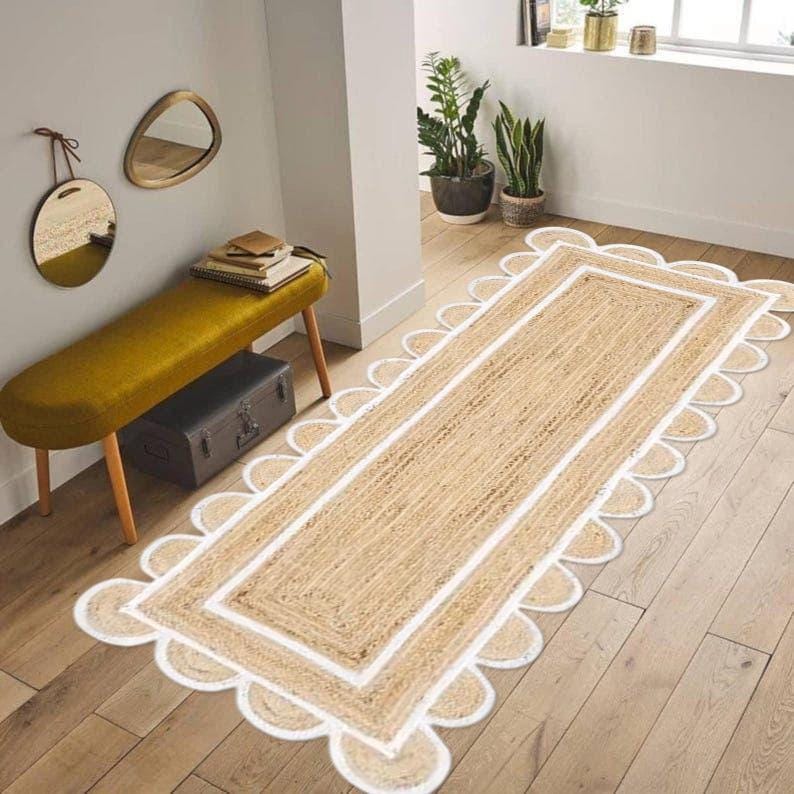 Scalloped Jute Runner, Off White Scallop Edge Rug, Boho Jute Rug, Custom Size Rug, Jute Area Rug, Jute Scallop Runner, Custom Runner