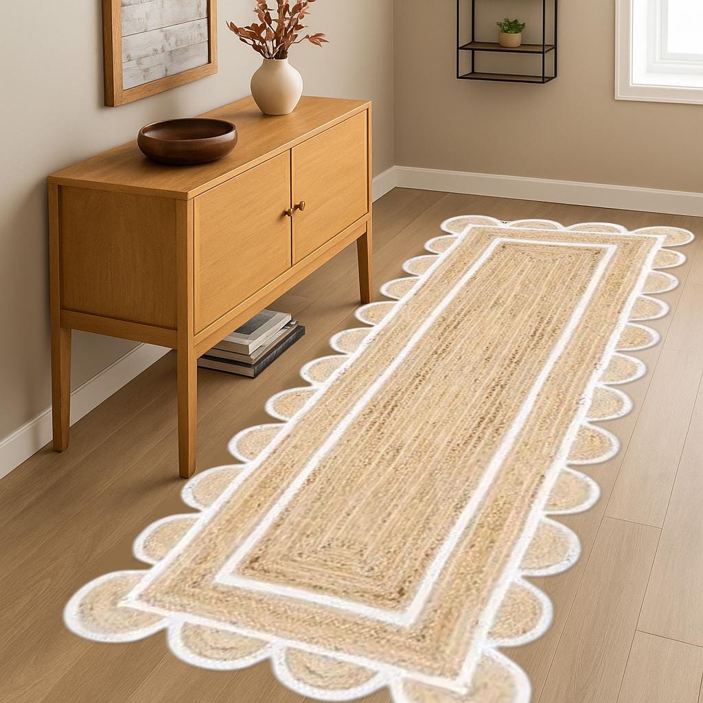 Scalloped Jute Runner, Off White Scallop Edge Rug, Boho Jute Rug, Custom Size Rug, Jute Area Rug, Jute Scallop Runner, Custom Runner
