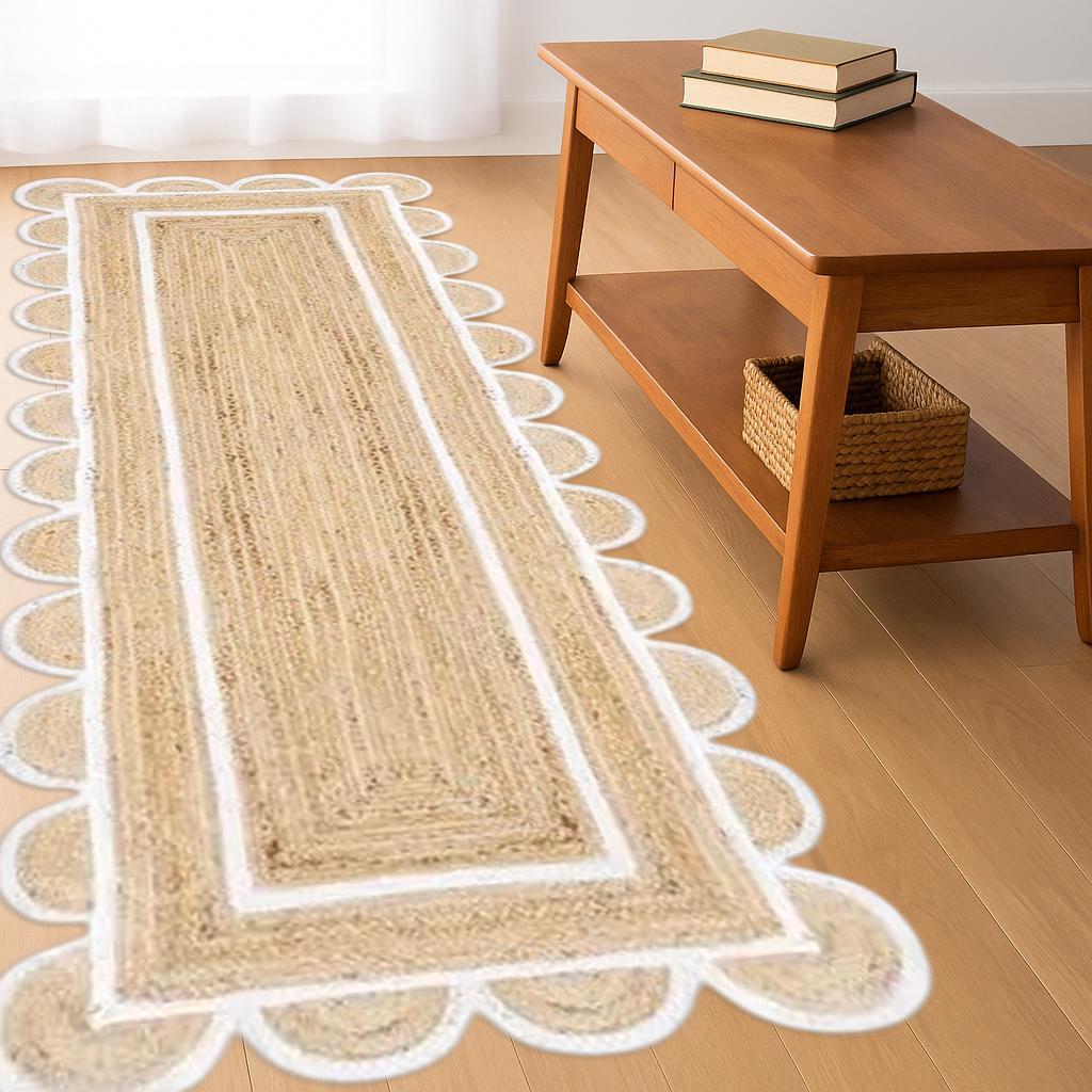 Scalloped Jute Runner, Off White Scallop Edge Rug, Boho Jute Rug, Custom Size Rug, Jute Area Rug, Jute Scallop Runner, Custom Runner