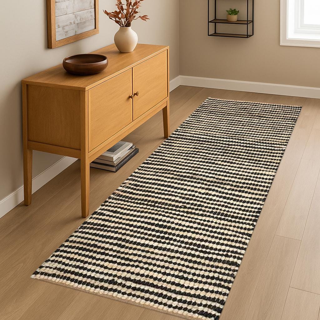 Black Stripes, Handwoven Natural Jute Runner, Custom Size Large Floor Area Jute Rug Stairs Jute Kilim Runner Rug Indian