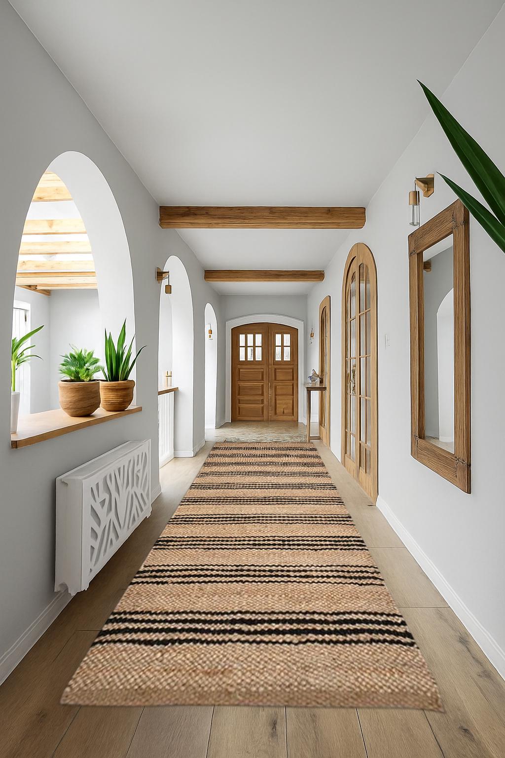 Black Striped Runner Rug | Handwoven Jute Hallway Runner |  Modern Farmhouse Rug |  Neutral Boho Decor