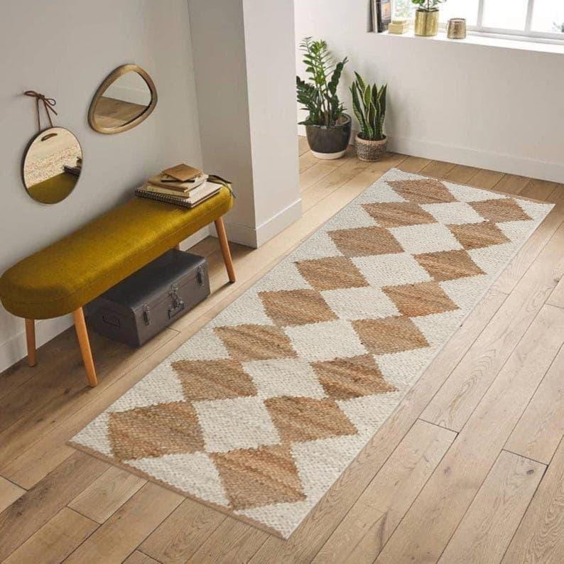 White Diamond Jute Runner Rug – Handwoven Natural Fiber Hallway Runner, Boho Farmhouse Decor Indian Dhurrie Rug 2x8 Ft Rug