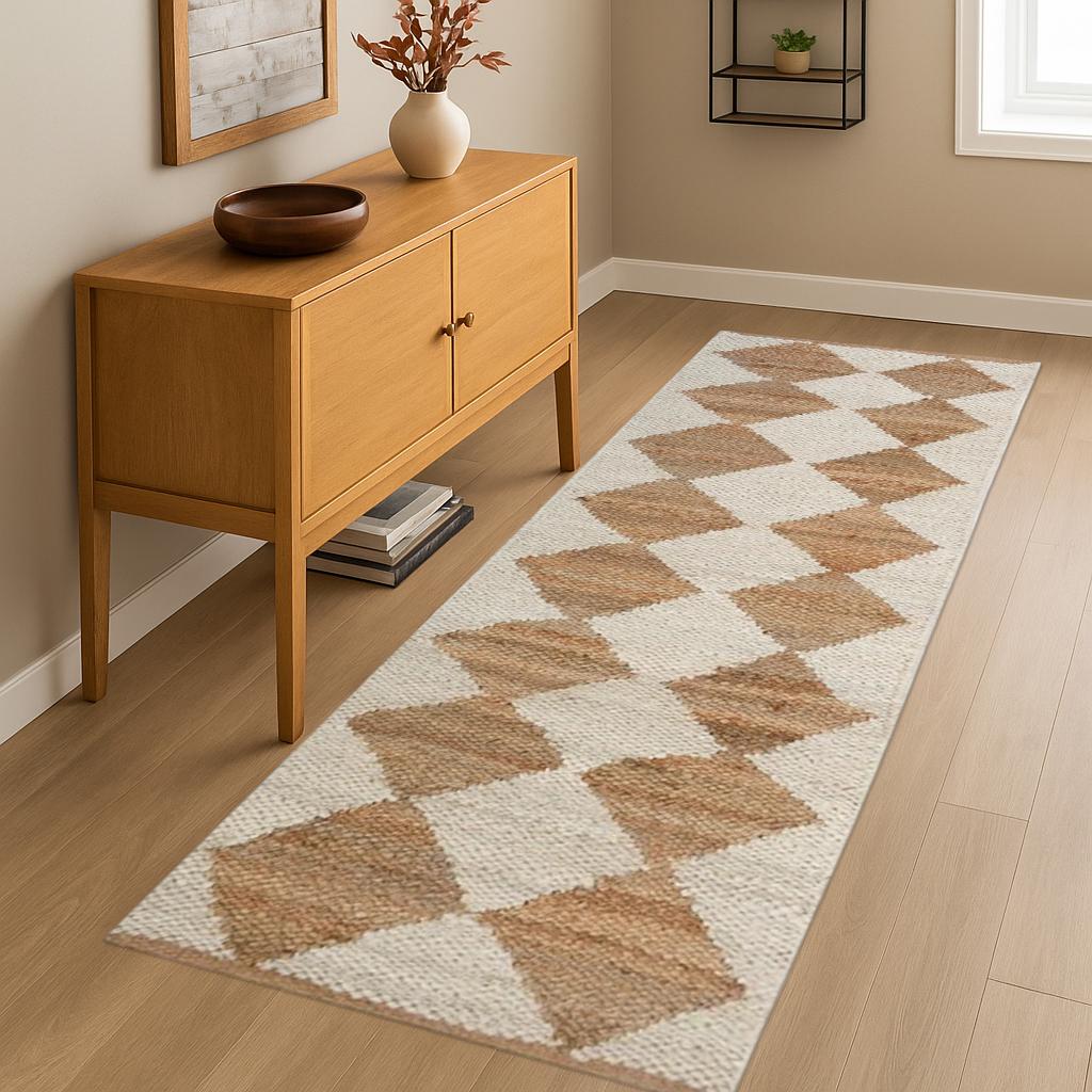 White Diamond Jute Runner Rug – Handwoven Natural Fiber Hallway Runner, Boho Farmhouse Decor Indian Dhurrie Rug 2x8 Ft Rug