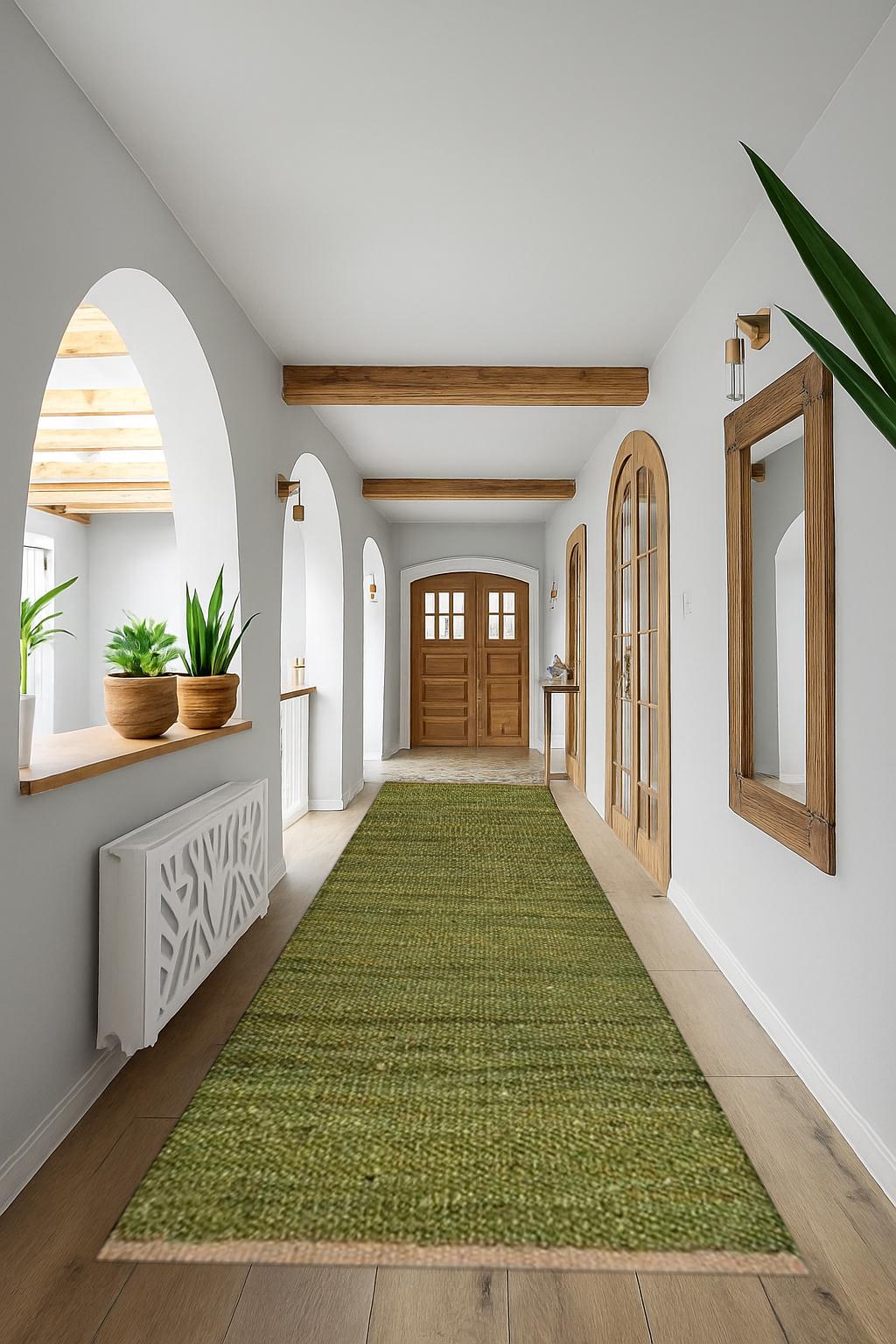 Green Natural Jute Runner Rug, Handwoven Jute Hallway Runner, Bohemian Jute Rug, Textured Jute Runner, Eco Friendly Rug, Natural Fiber Rug