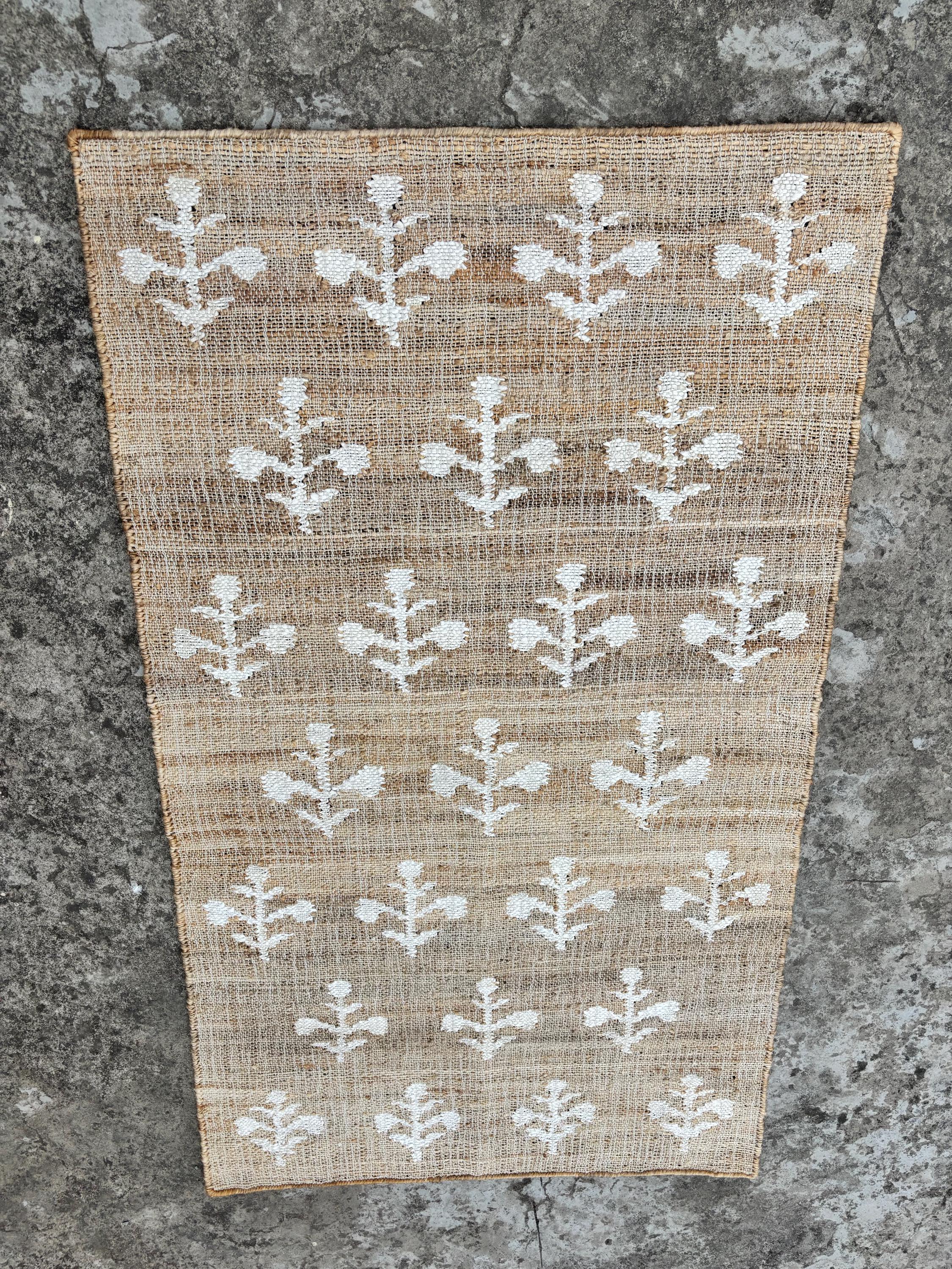 Jute Cotton Rug, Handmade Beige Rug Natural Jute  black Flower Cotton Hemp Rug, Eco-Friendly Handmade Rug