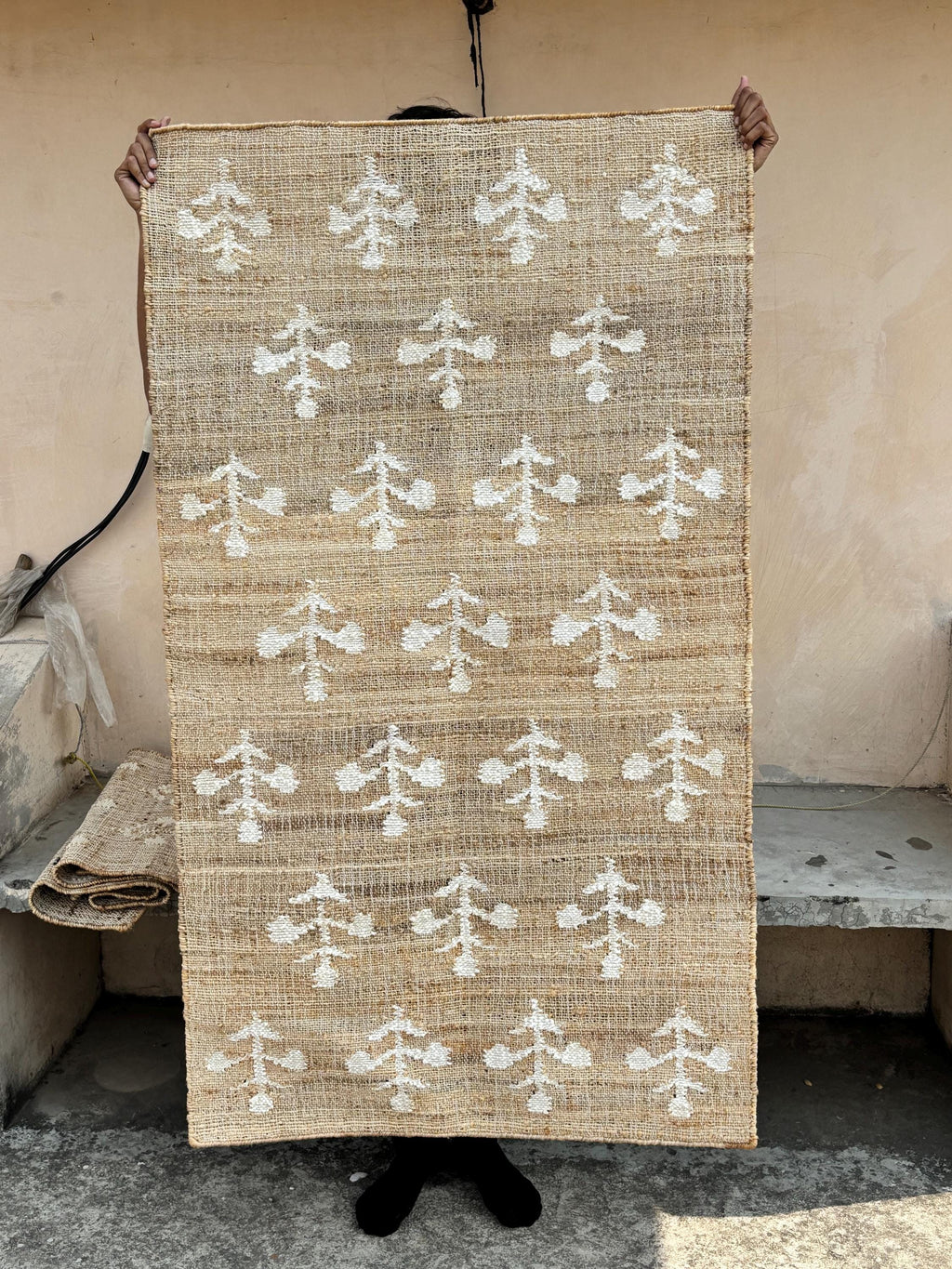 Handmade Natural Jute Cotton Rug – Boho Flower Design, Bohemian Cotton Area Rug, Rustic Farmhouse Home Decor