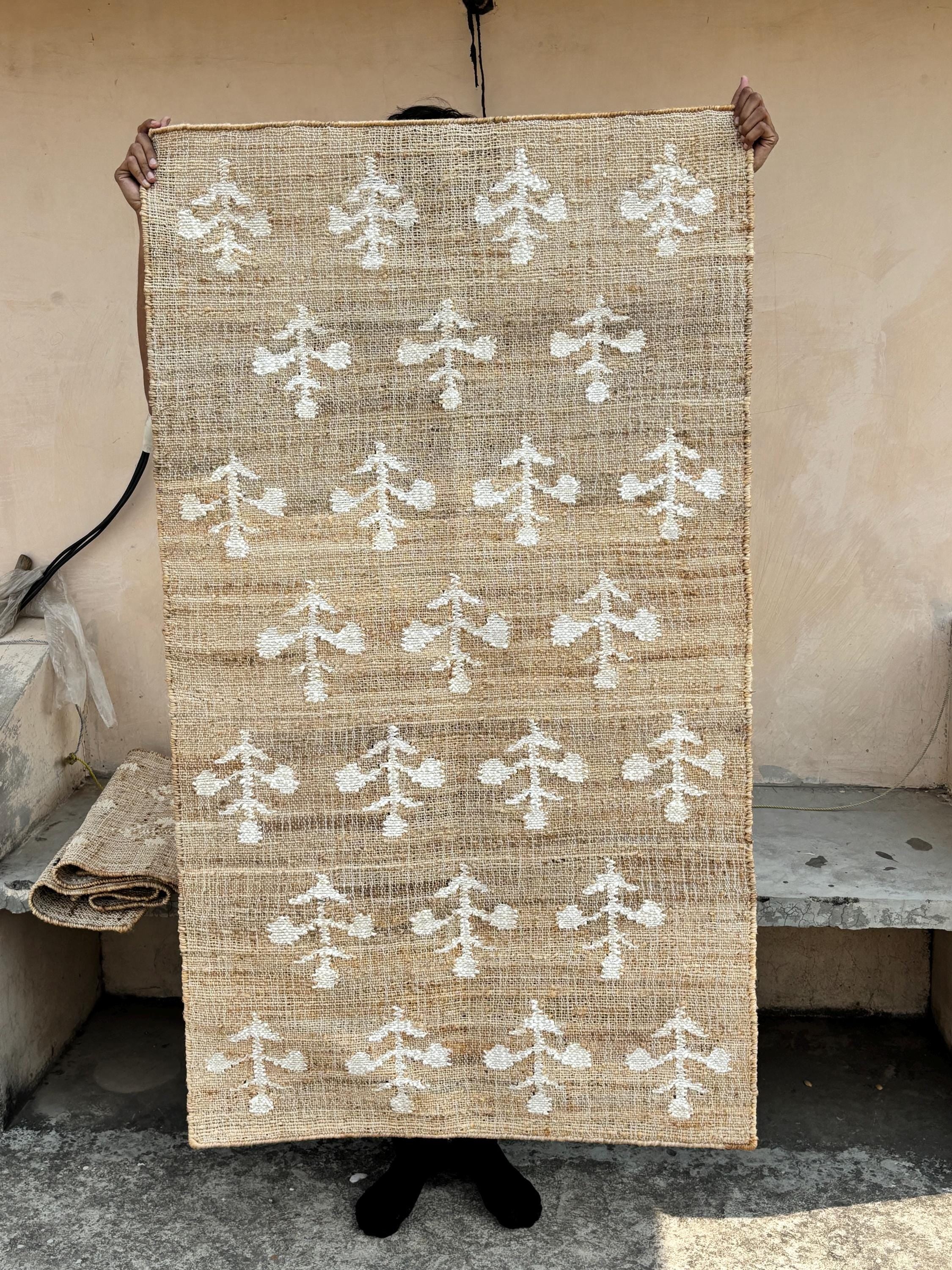 Handmade Natural Jute Cotton Rug – Boho Flower Design, Bohemian Cotton Area Rug, Rustic Farmhouse Home Decor