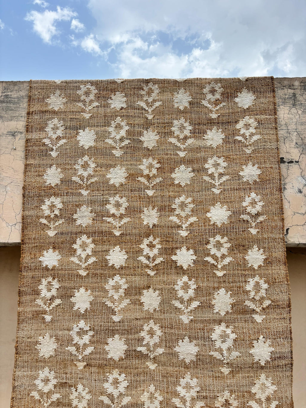 Handmade Natural Jute Cotton Rug – Boho Flower Design, Bohemian Cotton Area Rug, Rustic Farmhouse Home Decor