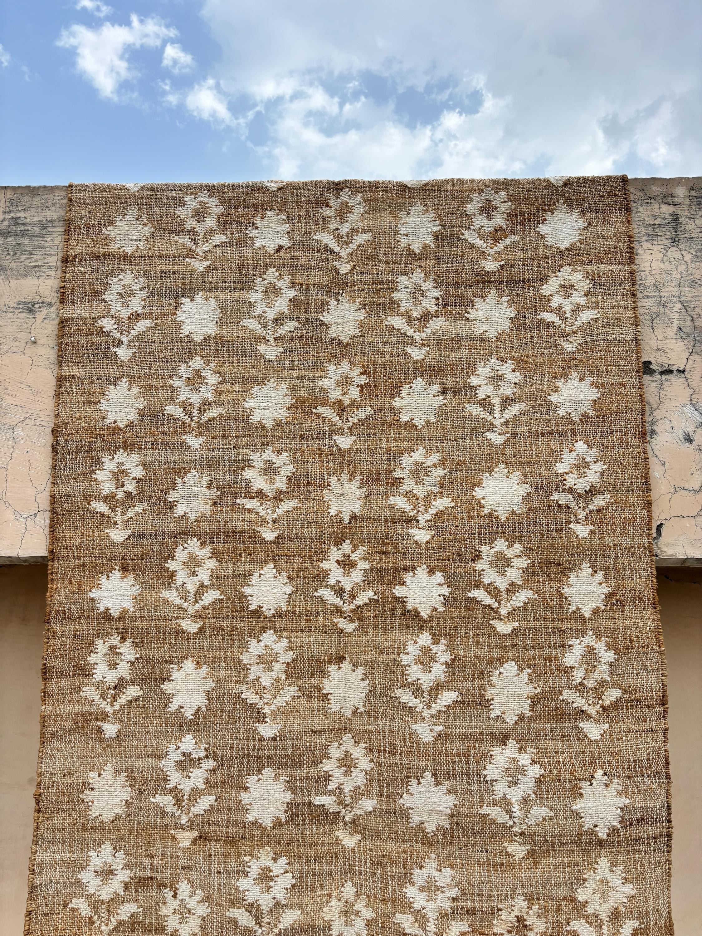 Handmade Natural Jute Cotton Rug – Boho Flower Design, Bohemian Cotton Area Rug, Rustic Farmhouse Home Decor
