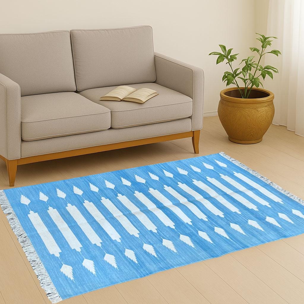 Cotton Flat Weave Rug, Indian Area Rug Soft Durable Flatweave Cotton- Carpet for Living Room Bedroom Hallway Indian Carpet