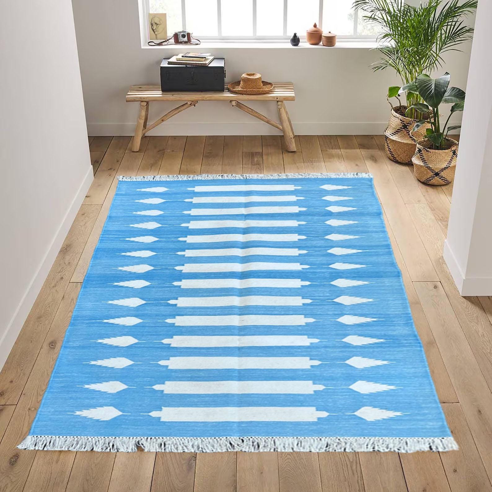 Cotton Flat Weave Rug, Indian Area Rug Soft Durable Flatweave Cotton- Carpet for Living Room Bedroom Hallway Indian Carpet