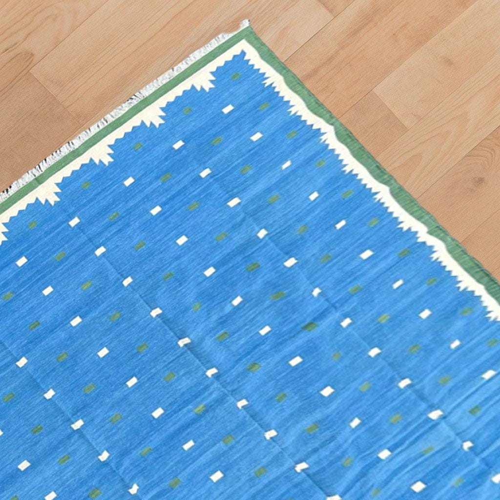 Modern Handmade Cotton Area Flat Weave Rug, Blue Area Rug, Blue Cotton Rug,Hand and Flat Weave panja Dhurrie Rug, Cotton Reversible Rug